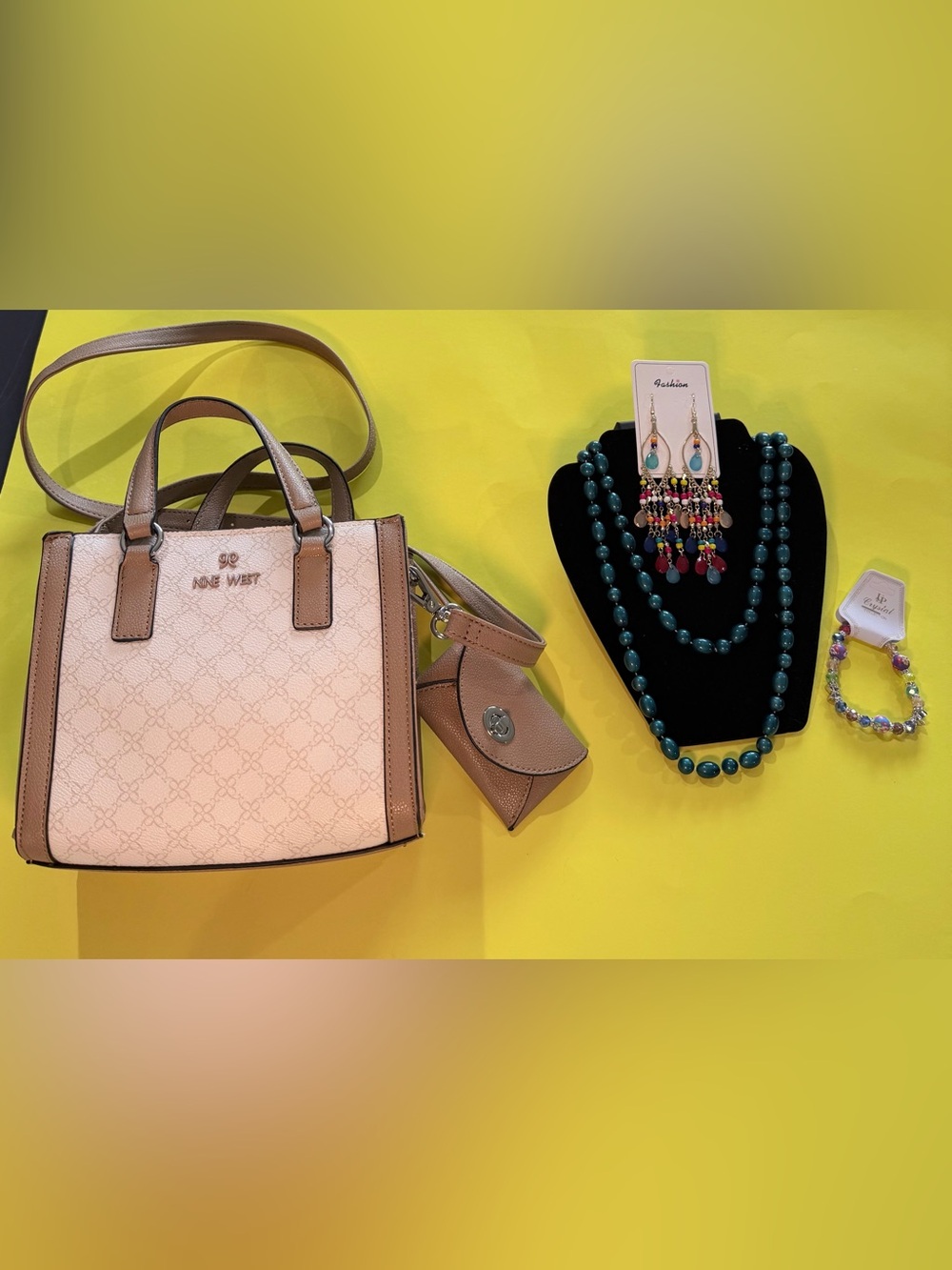 Nine West Beige and Tan Crossbody Bag with Detachable Coin Pouch& accessories